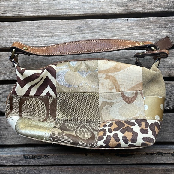 Authentic Tan Brown Animal Cheetah Print Canvas Leather Coach Mini Bag Purse - Picture 5 of 13